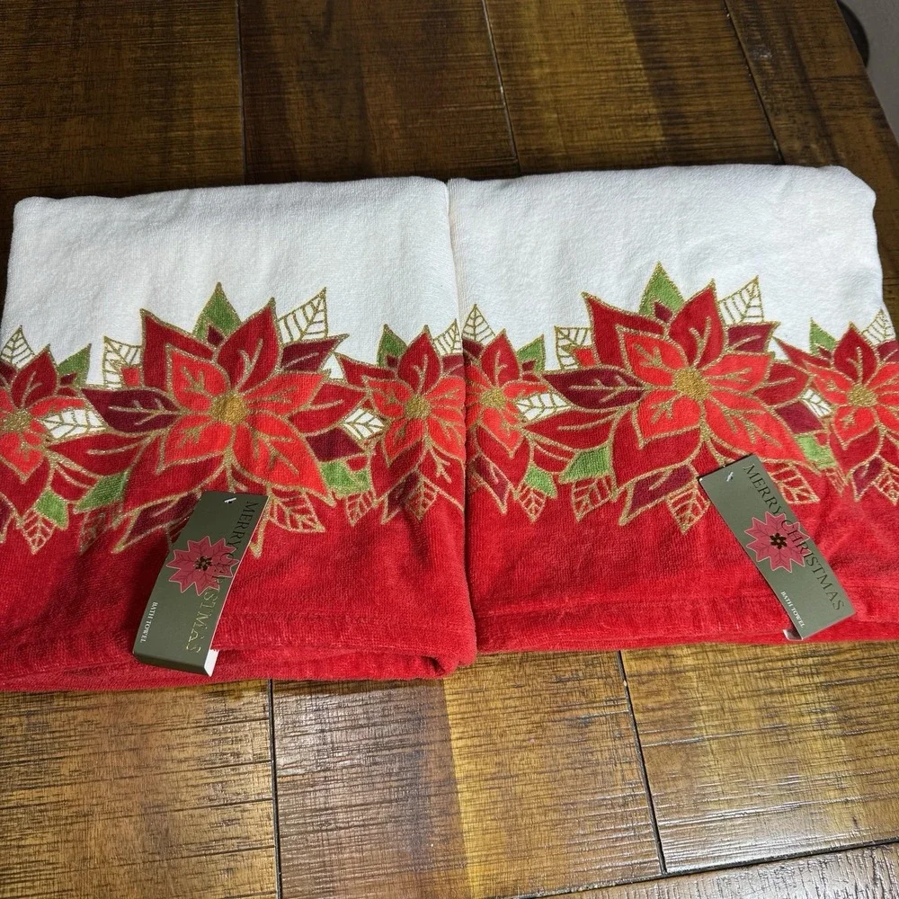 Vtg NOS 90's Merry Christmas Poinsettia Holiday Bath Towels 2pc Set OEKO-TEX‎